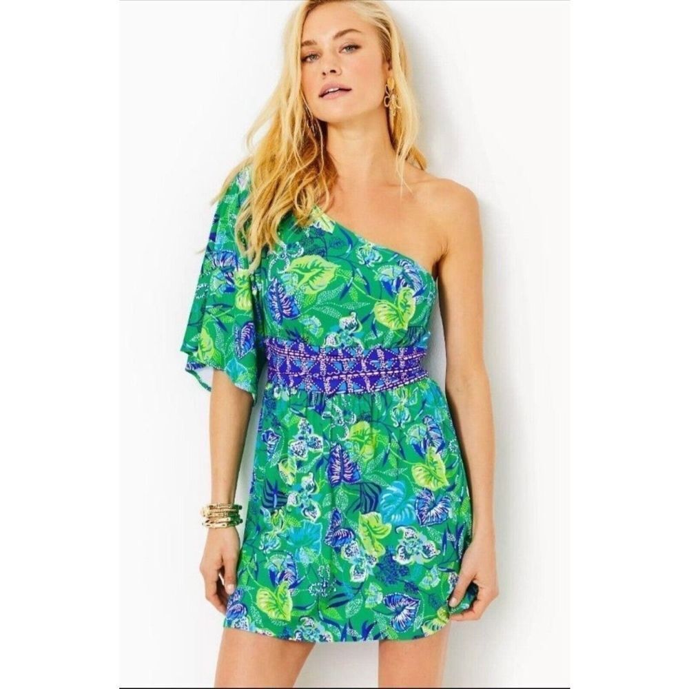 Lilly Pulitzer NWT Niki One-Shoulder Romper Botanical Green In A Flutter